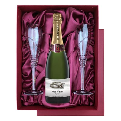 Personalised Champagne - Engagement Ring Label in Red Luxury Presentation Set With Flutes